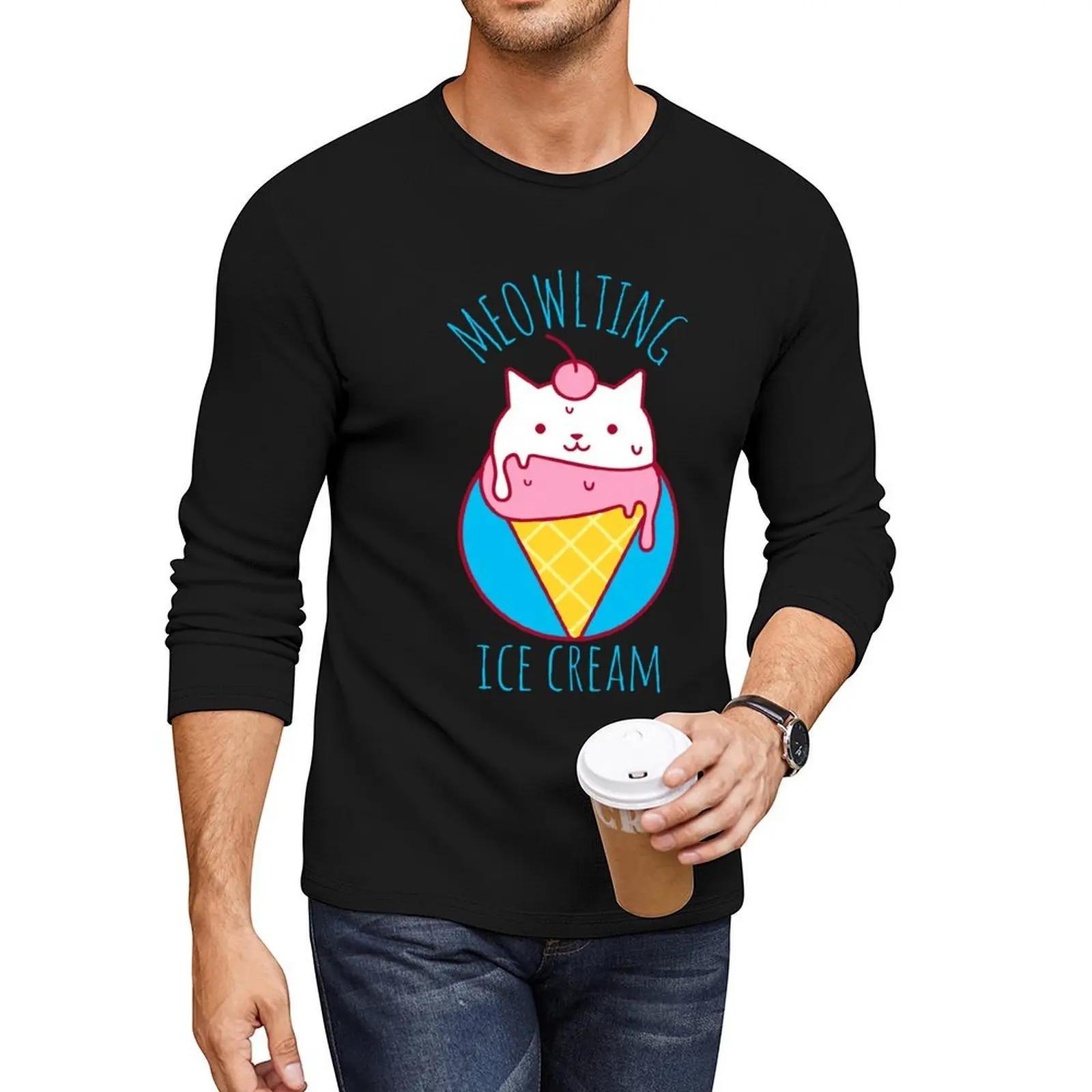 

Длинная футболка Meowlting Ice Cream, черная футболка, кавайная одежда, одежда в стиле хиппи, винтажная одежда, мужские футболки