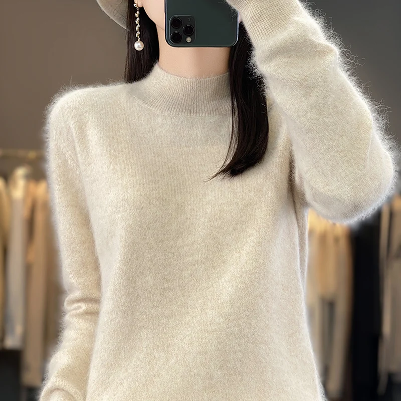 Women\'s Loose Half Turtleneck Pullover, 100% Mink Cashmere Sweater for Women\'s, Simple Soft Tops, Basic Style, Spring and Autumn