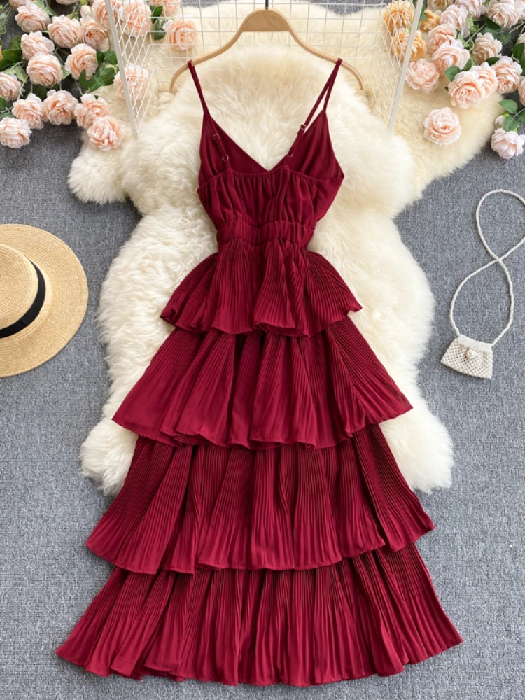 Women Beach Midi Dress 2021 New Summer Sexy V-neck Pleat Layer Ruffled Beach Dresses Ladies Elegant A Line Long Robe Vestido