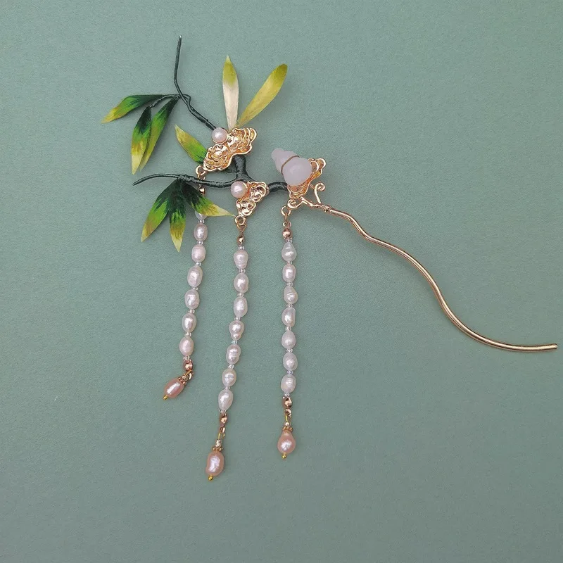 

High-grade Handmade Wrapped Flower Hairpin Hair Accessories Earrings Green Bamboo Leaf Hairpin Daily All-match Step Tassel Hairp