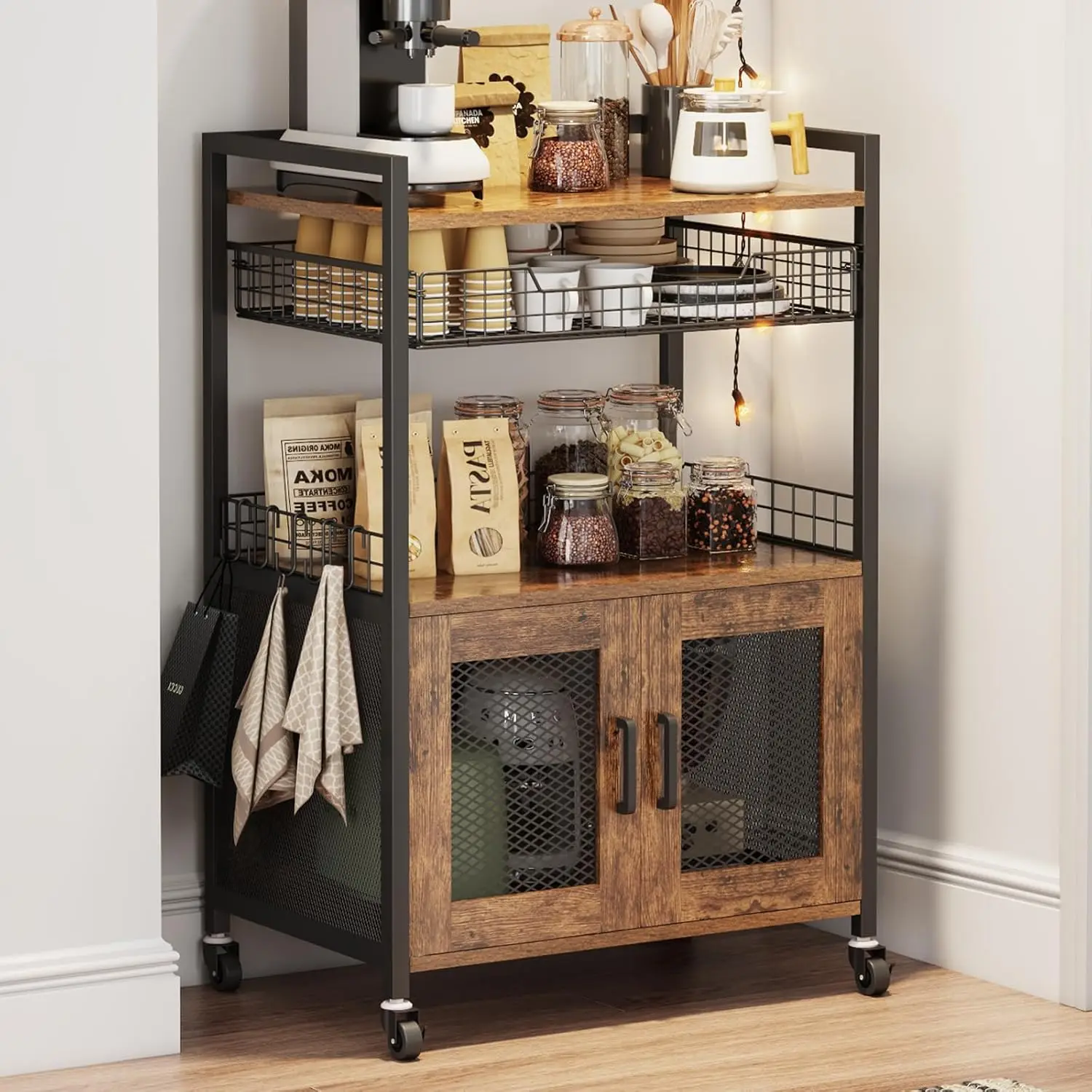 

3-Tier Rolling Coffee Bar Cabinet with Drawer & Hooks, Rustic Brown Kitchen Cart on Wheels