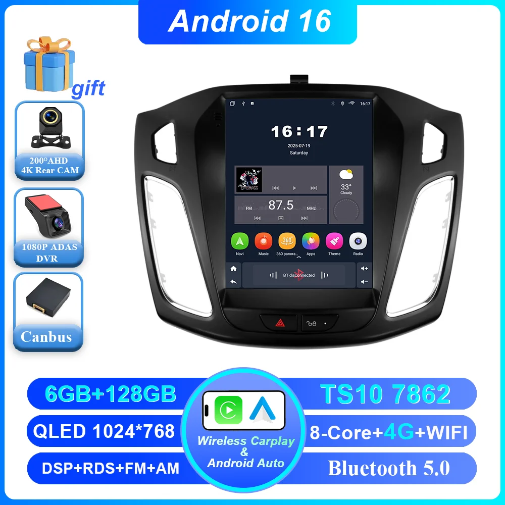 Android 16 Autoradio Stereo Voor Ford Focus MK3 2011-2019 Auto GPS Navigatie Multimedia Speler GEEN 2Din DVD 4G Draadloze Carplay