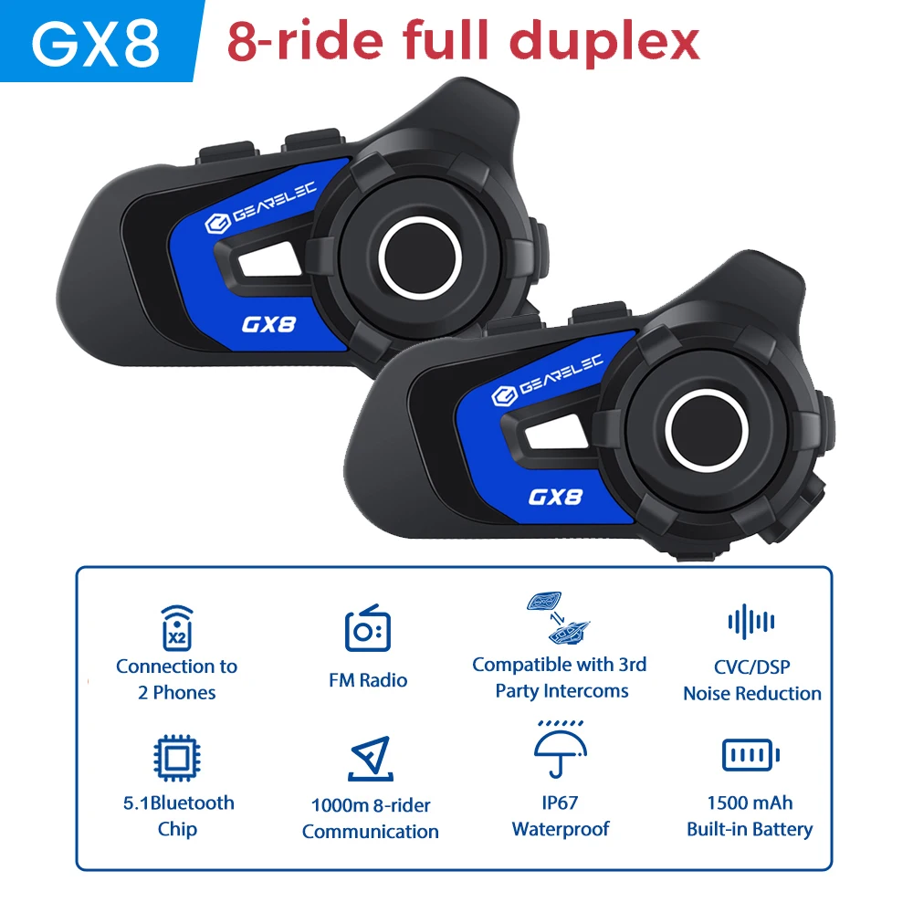 GEARELEC Motorcycle Intercom Helmet Bluetooth Headset Speaker 8 Rider 1.5km Moto Communicator Music Sharing FM Interphone GX8