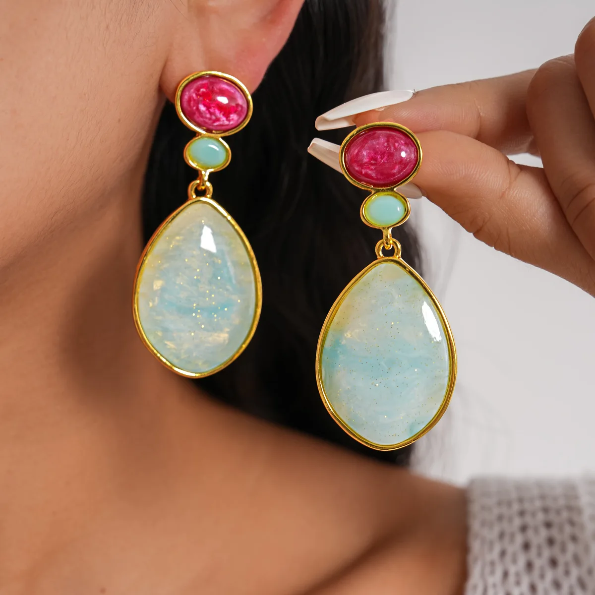 

Color-blocck Water Drop Resin Dangle Earrings Women Vintage Statement Geometric Smudging Pendant Earrings Fashion Jewelry Party
