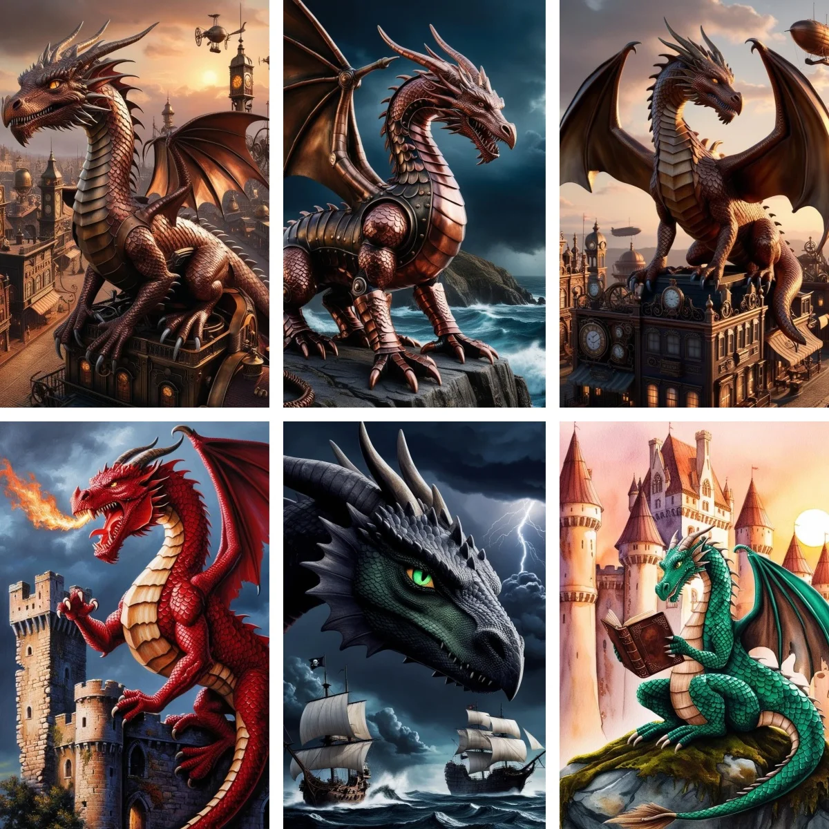 

Diamond Painting Kits Dragon Over Fantasy Castle Sailing Fleet Landscape Full Round Diamond Embroidery Medieval Wall Decor