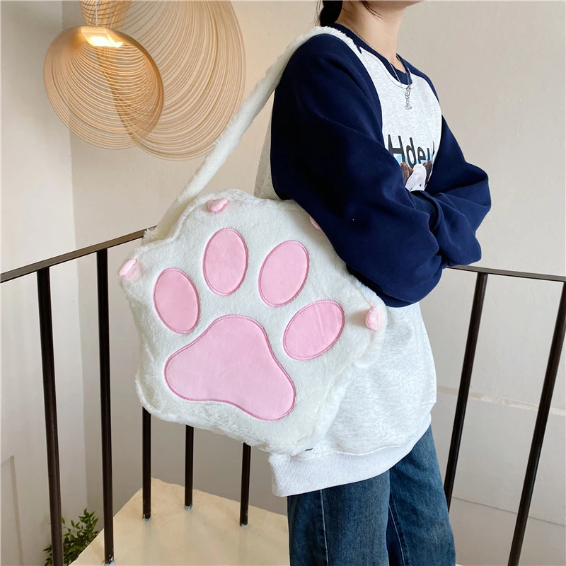 College Student Plush Pink Backpack Kawaii 3D Cartoon Cat Claw Girls Shoulder Bag Large Capacity White Schoolbag Female Rucksack