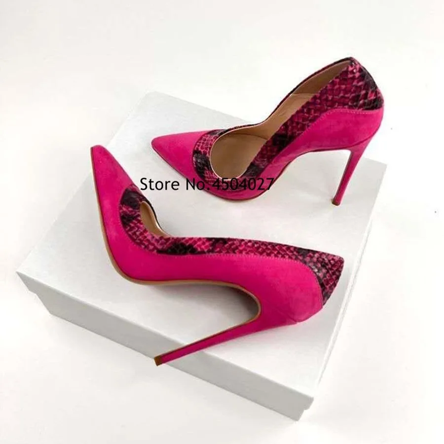 

Fashion Women Shoes Fuchsia Pink Suede Patchwork Snakeskin High Heels 12cm 10cm 8cm Pointed Toe Stiletto Pumps Party Woman Shoes