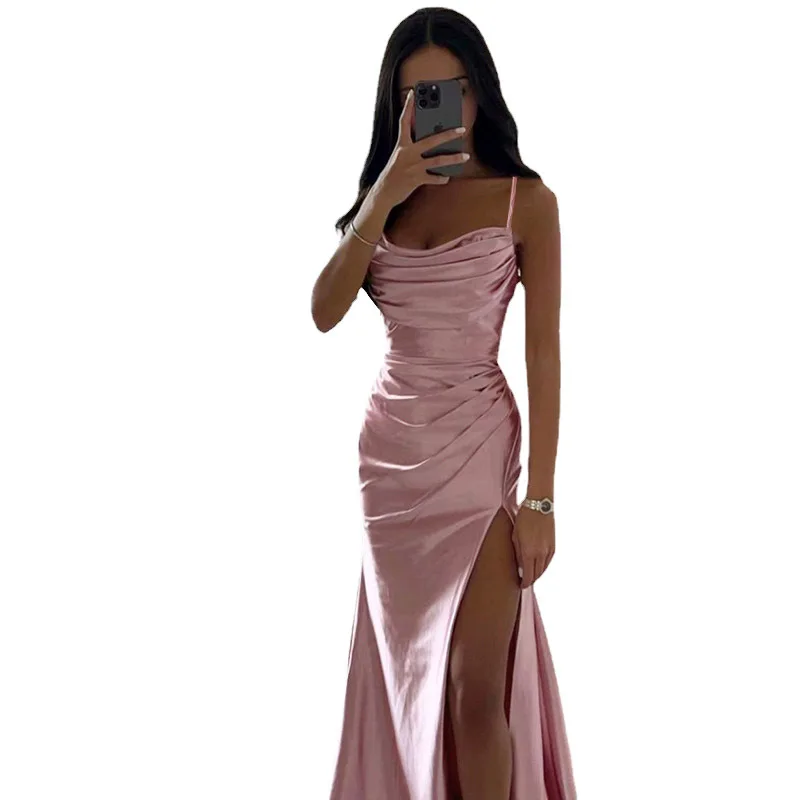 Spring New Party Formal Dress Women\'s Sexy Solid Slim High Waist Slit Dress Women\'s V-neck Spaghetti Strap Pleated Elegant Dress