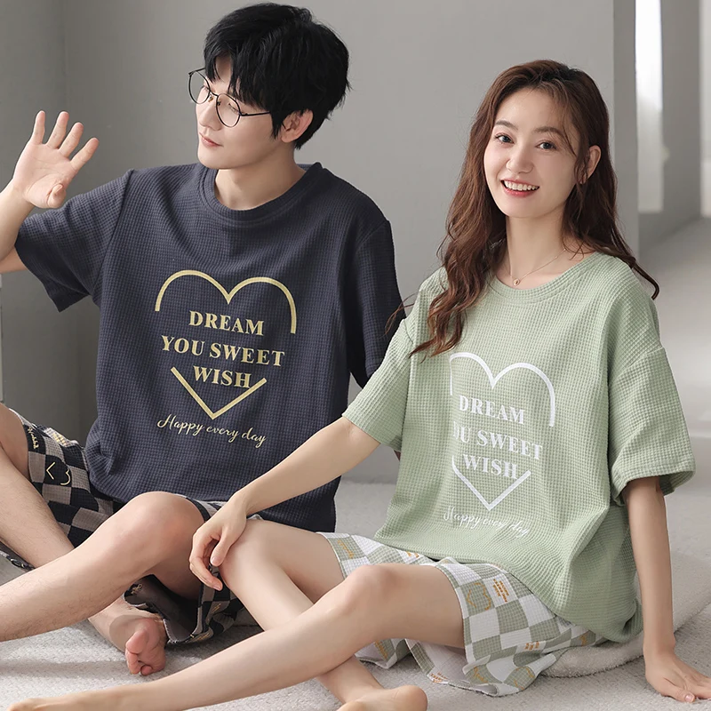 Summer Lover Pajams Set Knited Cotton Nightwear Men Women Cute Short Sleeve Pyjamas