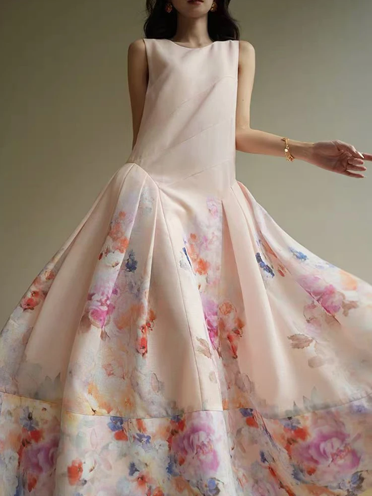 

Retro printed sleeveless vest dress 2025 summer women's dress, fashionable high-waisted pleated loose large-swing puffy dress