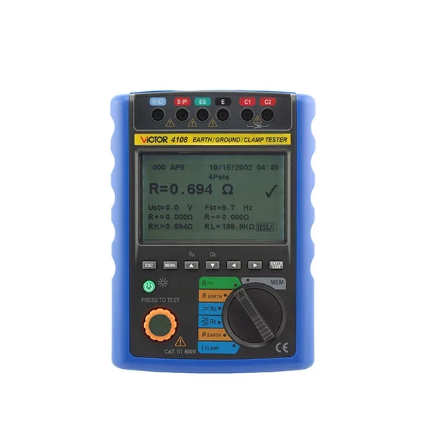 VICTOR 4108 Digital Earth Resistance Resistivity Tester 2 Pole 3 Pole 4 Pole single double clamp Current Equipotential USB Meter