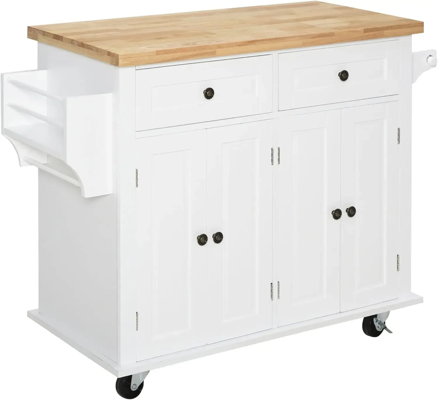 

HOMCOM Kitchen Island on Wheels, Rolling Cart with Rubberwood Top, Spice Rack,and Drawers for Dining Room, White