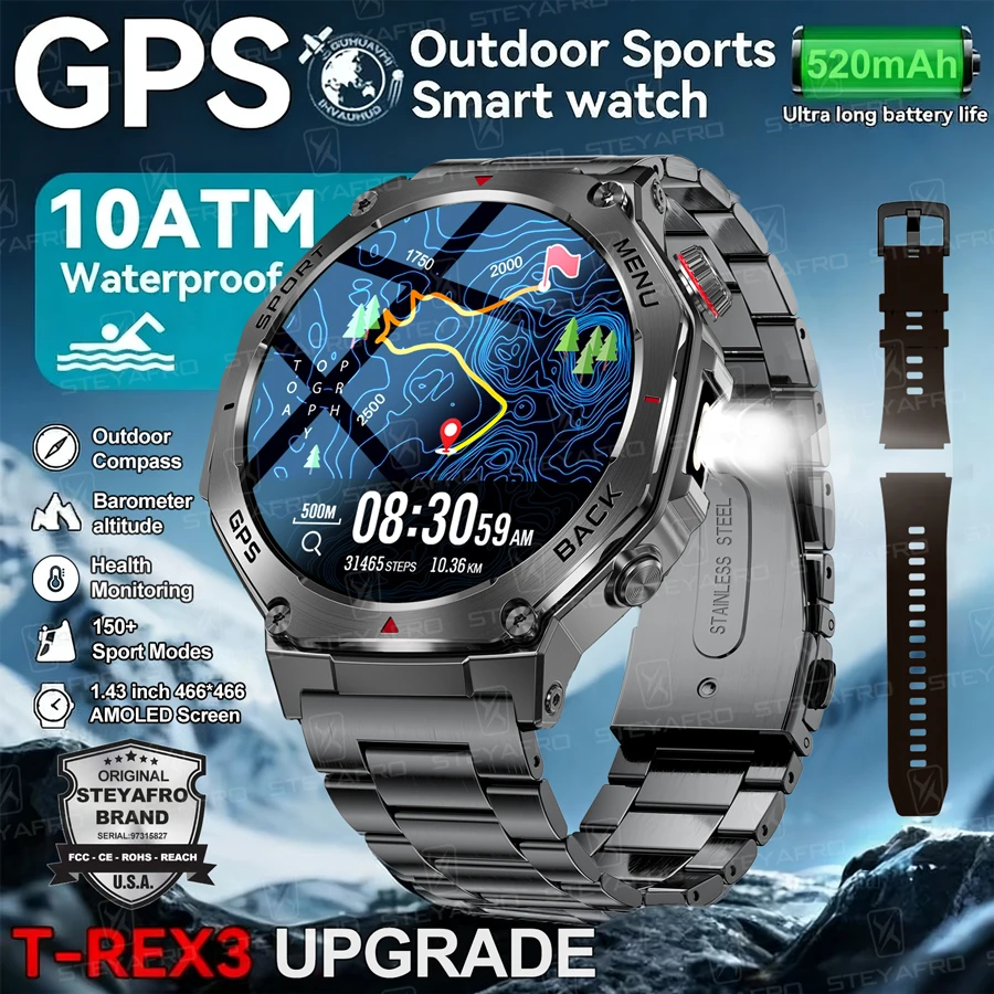 

T-Rex 3 GPS SmartWatches Built-in GPS Positioning 10ATM Waterproof Flashlight Compass 520mAh MIL-STD 810H Grade Military Watches