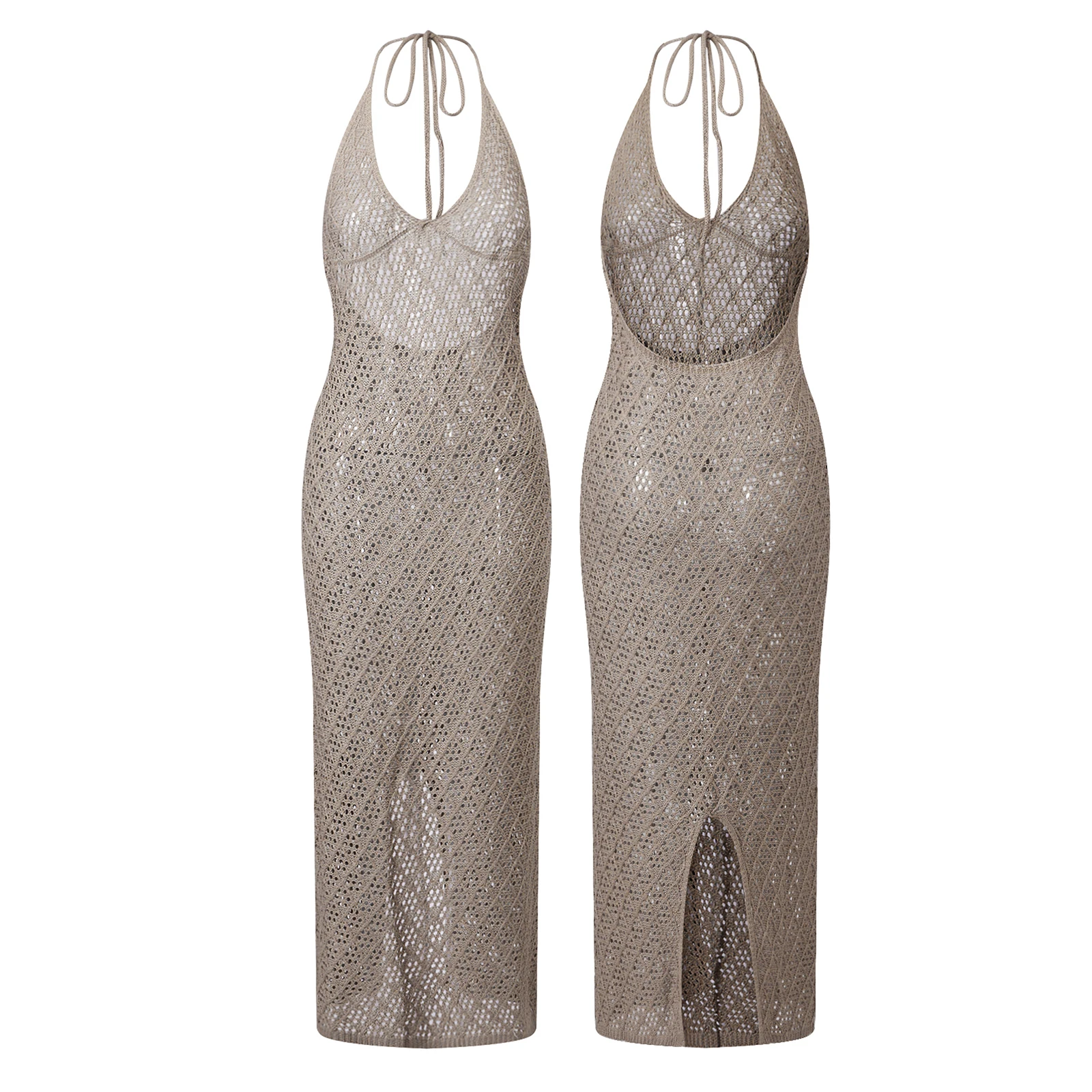 

Женское вязаное крючком бикини-платье без рукавов с вырезом на шее и открытой спиной, длинное платье