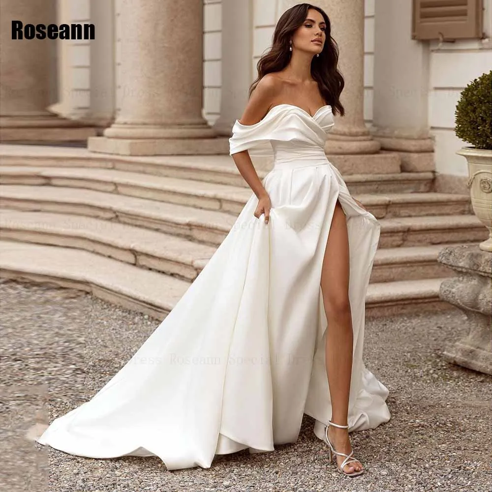 

Exquisite 2024 New A-line Wedding Dress Off-The-Shoulder Satin Front Split Open Back Bride Dresses Floor Length robe de mariée