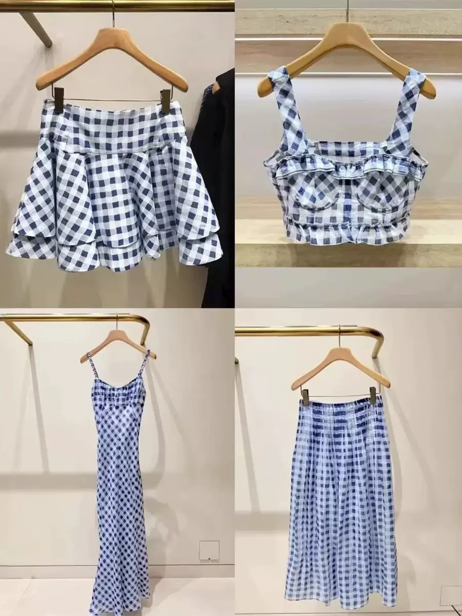

Classic Blue White Plaid Puffy Short Skirt Half Body A-Line Midi Skirt Spring Summer New Arrival Women's Dress Commute Style ...