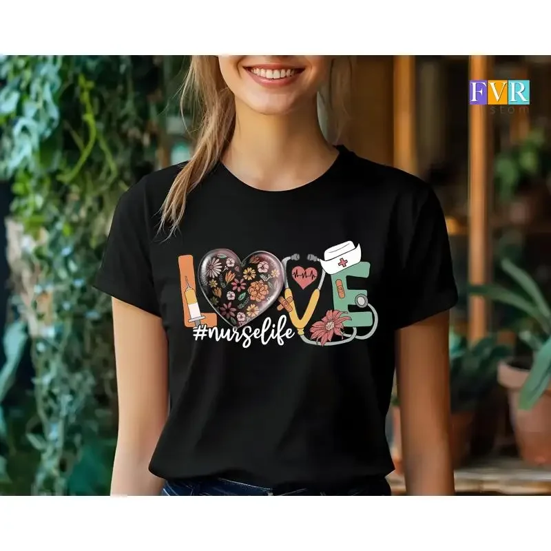 Nurse T Shirt for Women Life RN Cute Medical Worker Stethoscope Heart Nursing