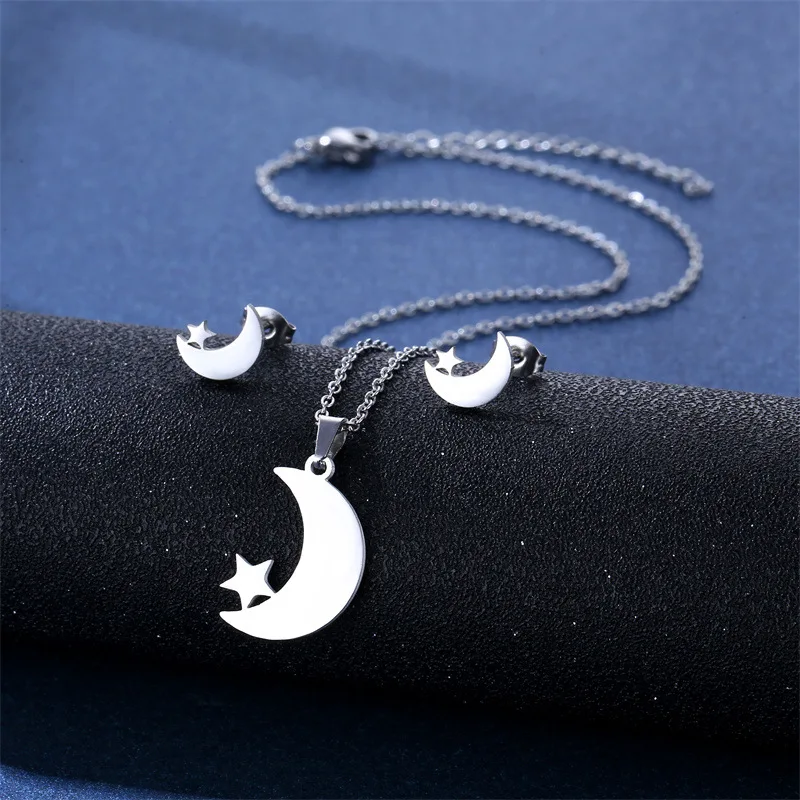 Stainless Steel Jewelry Moon Star Necklaces &  Earings Set Hollow David Star Infinity Pendant Piercing Earring Mutilayer Chokers