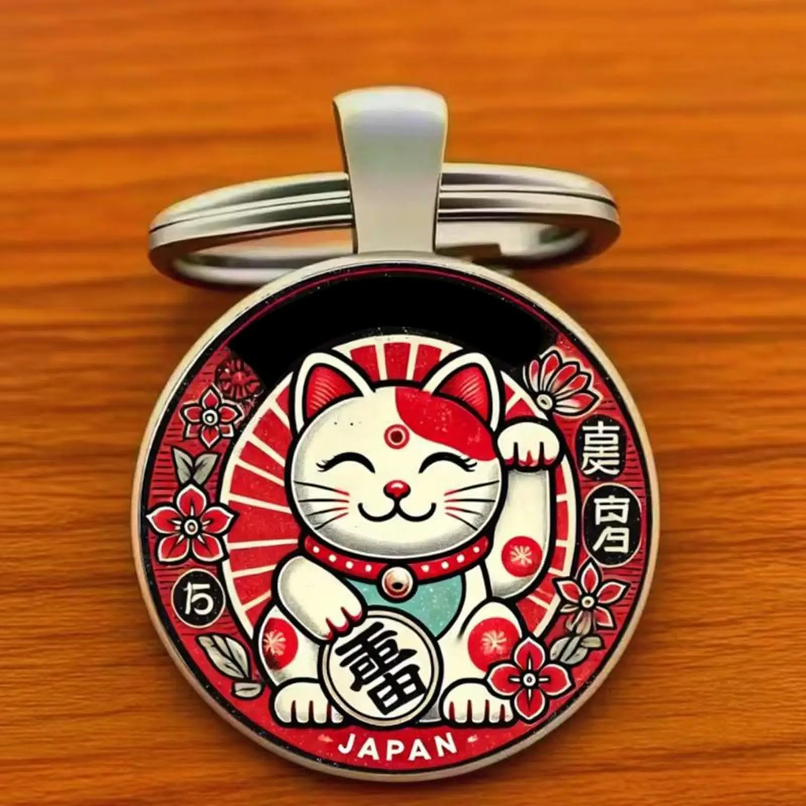 LLavero de aleación de Zinc 2D llavero de gato de la fortuna llavero de gato de la suerte con patrón de flor roja gato de la fortuna para decoración del hogar