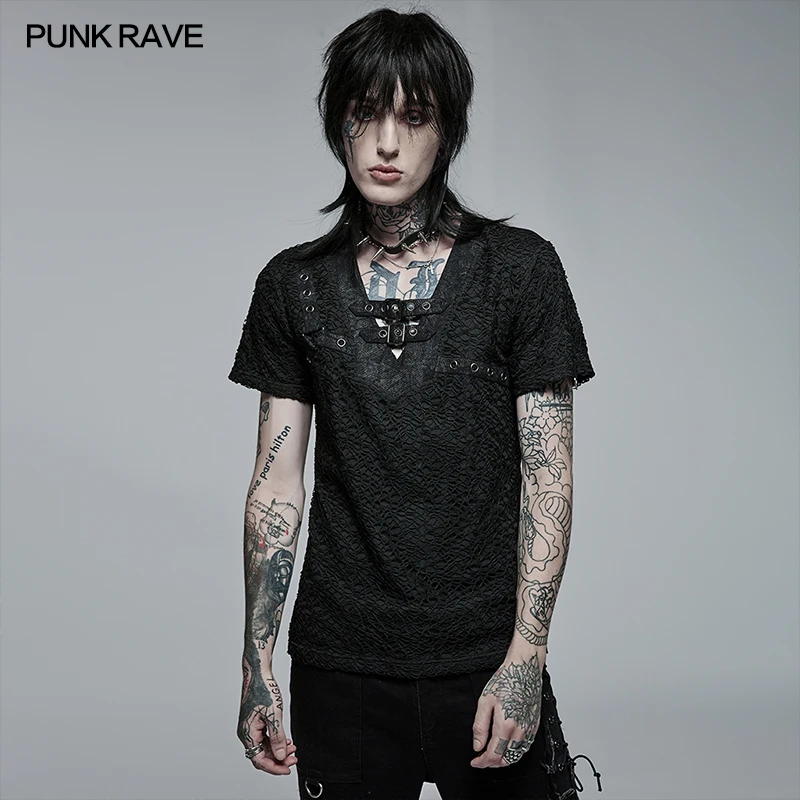 PUNK RAVE Men\'s Gothic Daily Personality Stylish Mesh V-neck Short Sleeve T-shirt Slim Fit Black Tops Spring Summer