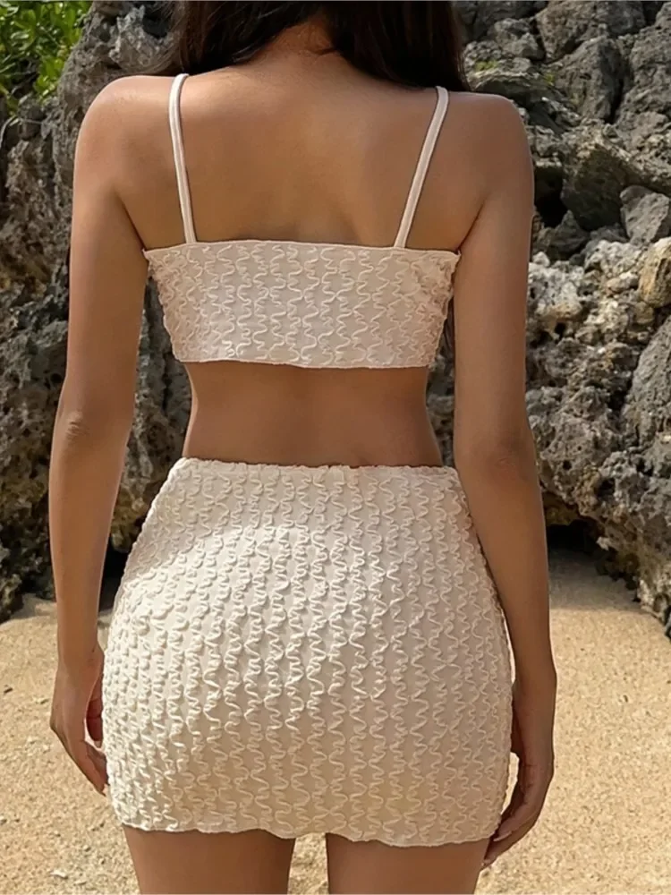 Swimwear Skirt Cover-up 2 Piece Set Women Crop Tops And Mini Skirt Bathing Suit Fashion Solid Hollow Sexy Beach Cover Up Outfits