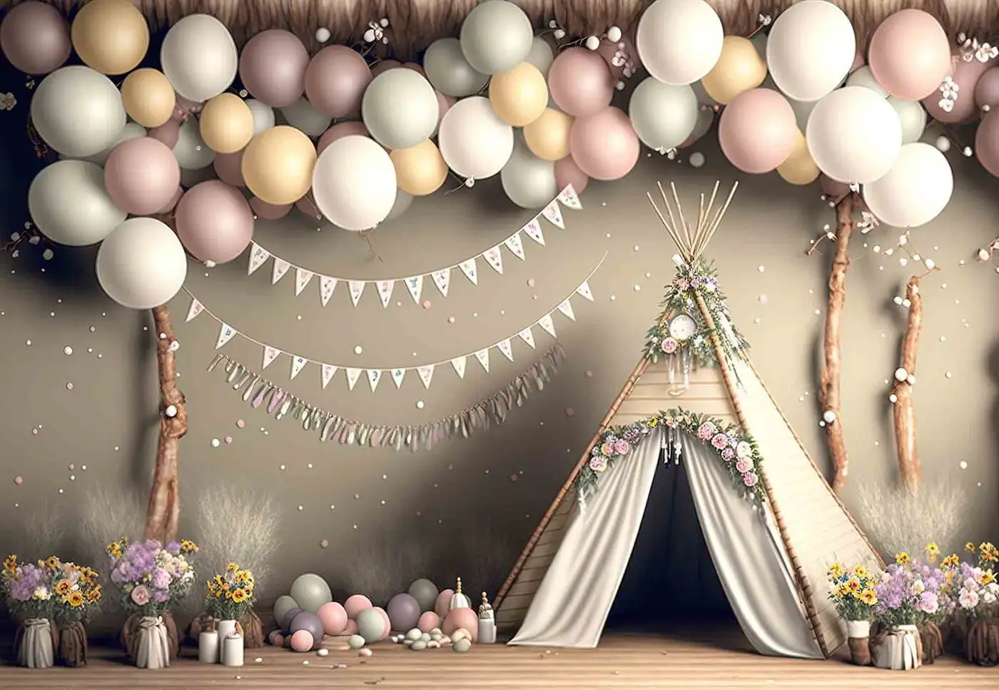 Photography Background Boho Pink Tent Gift Balloon Kids Birthday Party Cake Smash Portrait Decor Photo Backdrop Studio