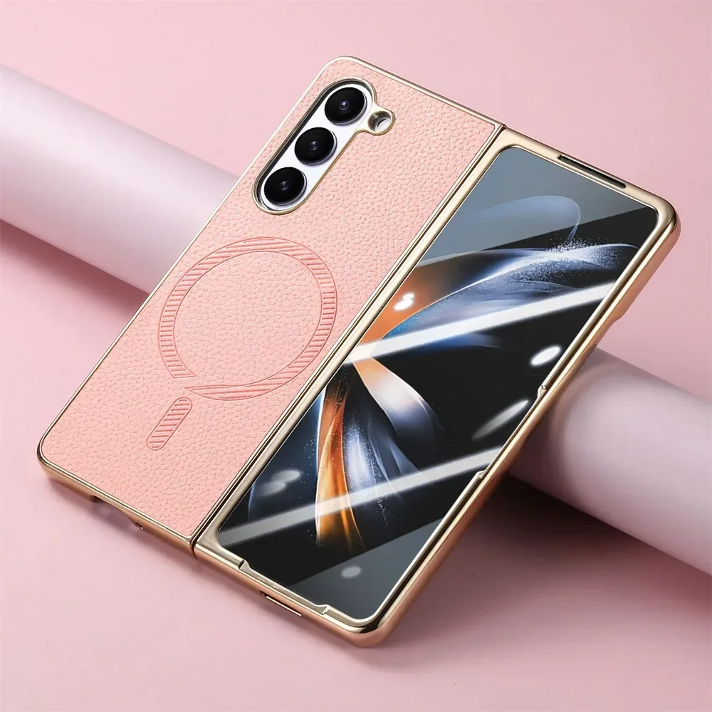 

Бизнес-кожаный магнитный чехол премиум-класса с беспроводной зарядкой для Samsung Galaxy Z Fold 7, 6, 5, 4, 3, стеклянная пленка, встроенный чехол с защитой от падения