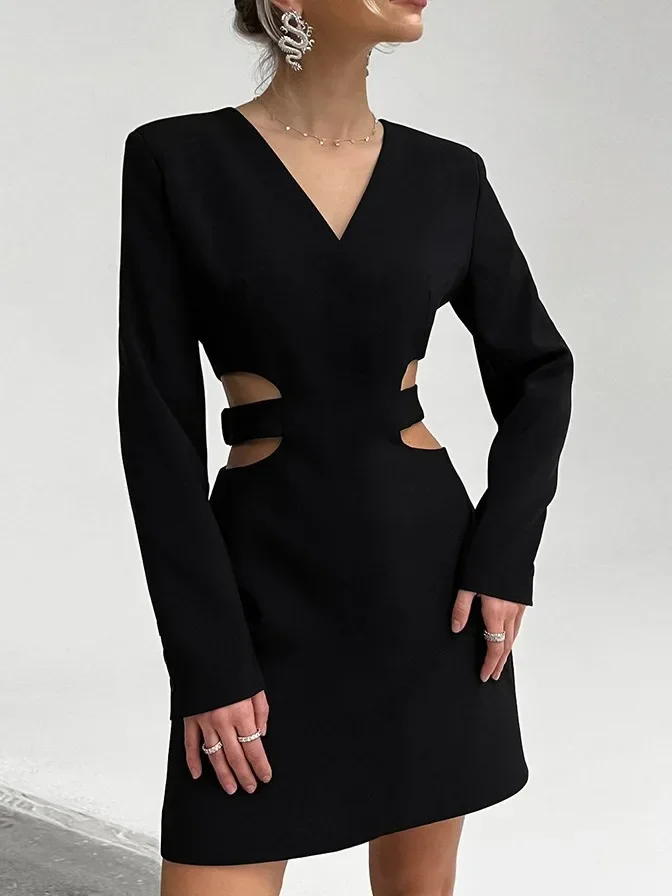 V-Neck A Little Black Hollow Out Dress For Women Spring Summer 2024 Long Sleeves A-Line Dress Zipper Office Ladies