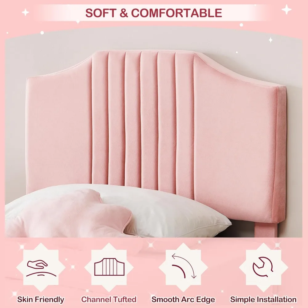 Twin Bed Frame, Velvet Upholstered Platform Bed Frame with Headboard, Wooden Slats Support, Velvet Fabric Anti Slip  , Pink