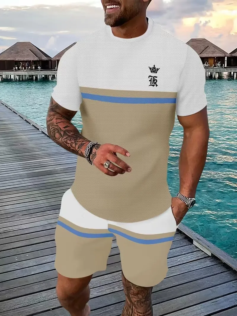 

New King Crown Print T-shirt Shorts 2-piece Set Plus Size Men's Sports Short Sleeve And Shorts Set Outdoor Street Men's Clothing