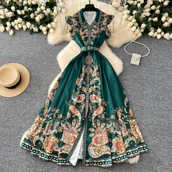 Elegant Print Single Breasted Sashes Vintage Turn-down Collar Collar Flying Sleeves Slim Long Dress Evening High Street Clothing