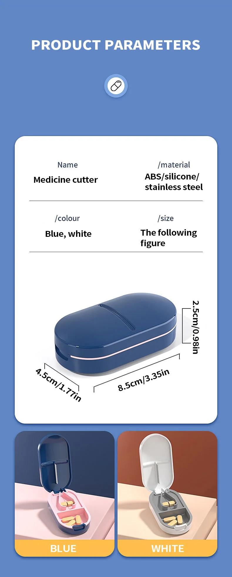 Tragbarer Pillenteiler 2-in-1 Pillendose mit Edelstahlklinge, geeignet zum Schneiden von Vitamin- und Tabletten in 1/2 und 1/4 Stück. – Detail 10