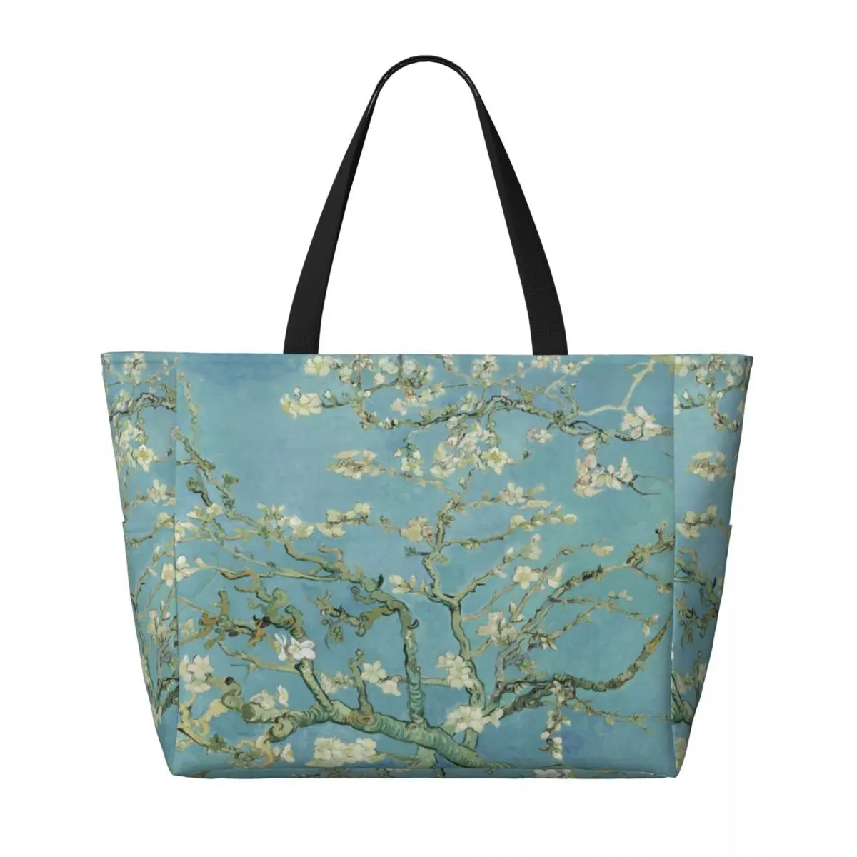 Custom Almond Blossoms By Vincent Van Gogh Beach Tote Bag for Women Flowers Painting Large Compartment Beach Gym Travel Bags