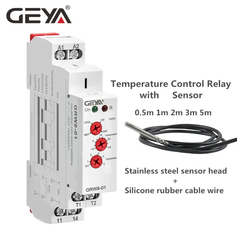 GEYA GRW8 Temerature Control Relay with Waterproof Sensor AC/DC24V-240V 16A Electrical Relays Temperature Controller