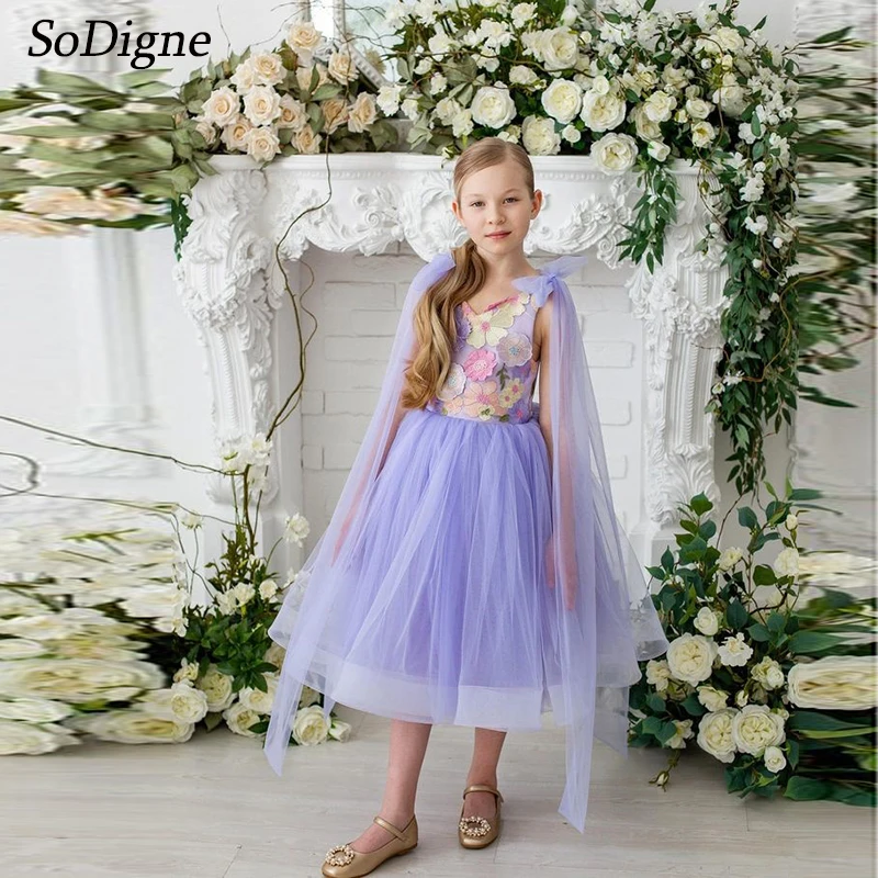 SoDigne A-line Tulle Fairy Flower Girl Dress Sleeveless O-neck Skirt Girls Party Dresses 2025 Tea-length Kid Gown Customized