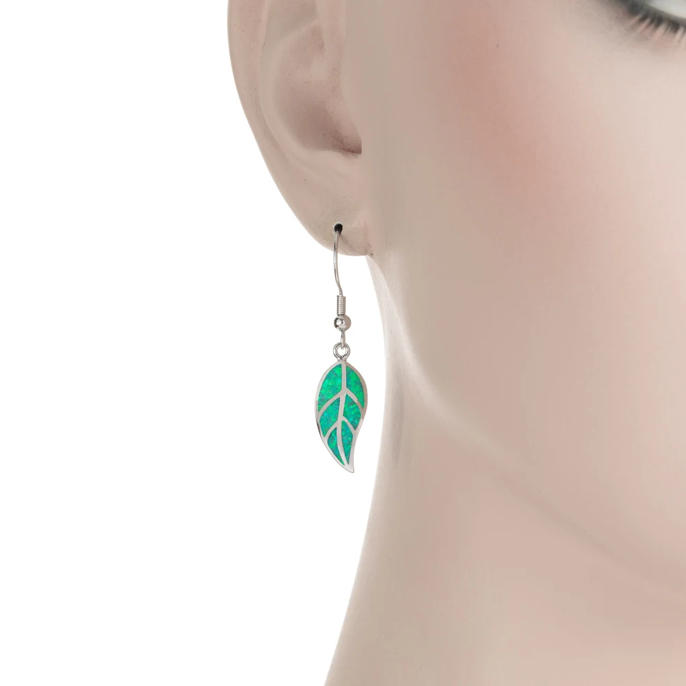 KONGMOON Nature Leaf Shape Kiwi Green Fire Opal Jewelry for Women Dangle Drop Earrings