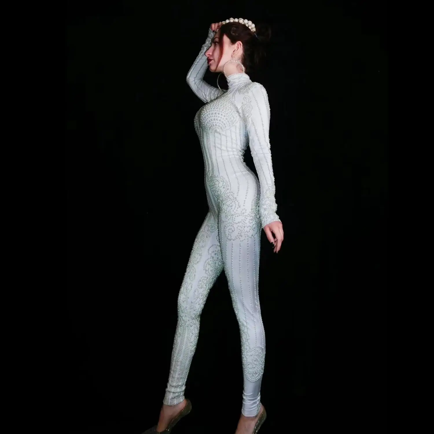 Fashion Long White Pearls Unitard Women Sexy Party Club Jumpsuits Playsuit Drag Stage Costume Performance Dance Wear W2301022