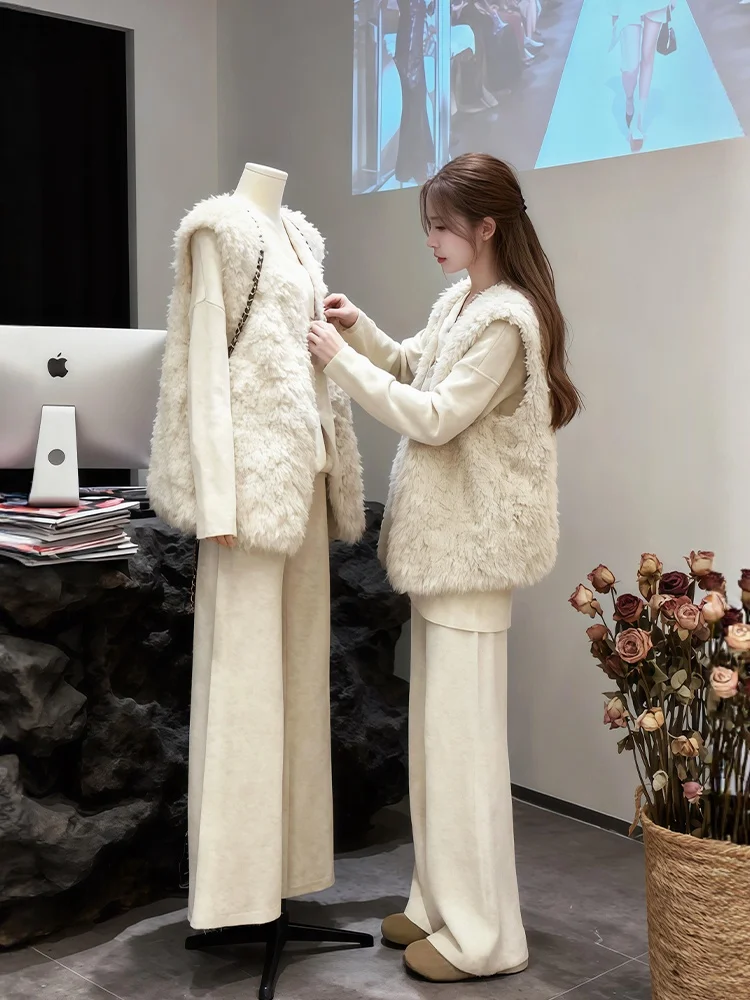 

Зимний модный комплект из трикотажного топа и жилета больших размеров, повседневные брюки, футболка, многослойный ансамбль, теплая удобная смесь полиэстера