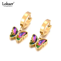 Lokaer Shiny Cubic Zirconia 316L Stainless Steel Butterfly Heart Hoop Earrings Exquisite High Quality Fashion Jewelry E24115