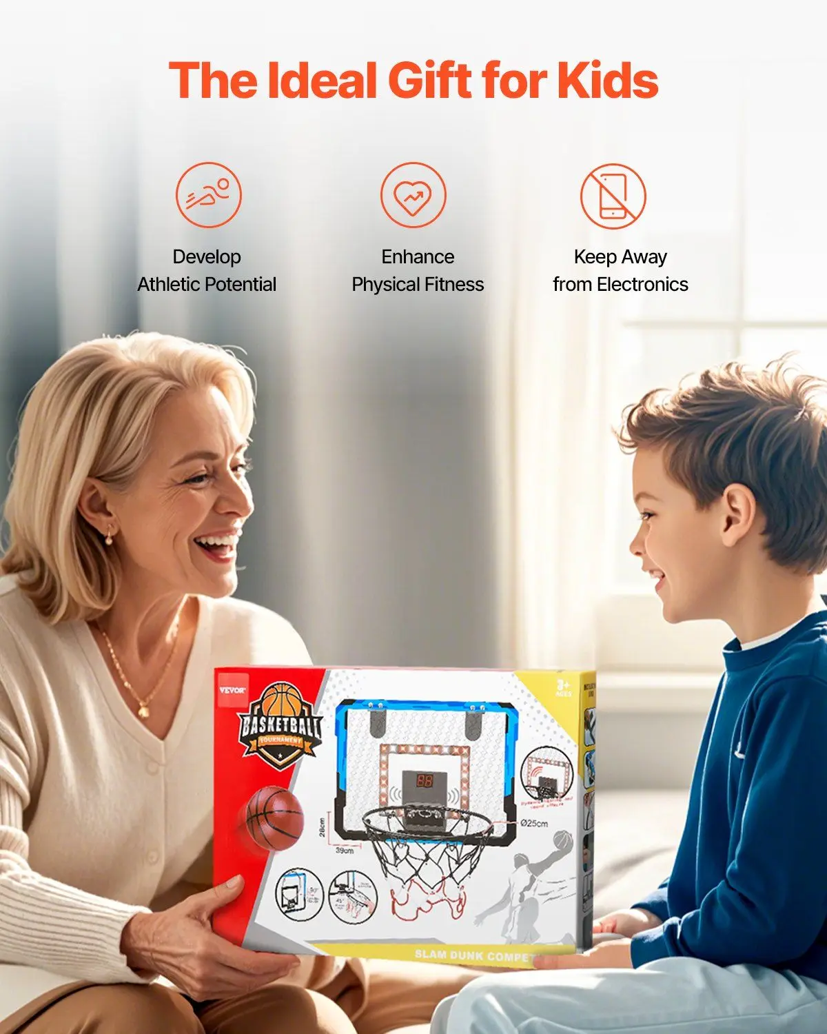 طوق كرة سلة للأطفال مع أضواء LED ولوحة النتائج الصوتية للعب الداخلي والخارجي، تصميم قابل للطي لتركيب جدار الباب بدون حفر #6