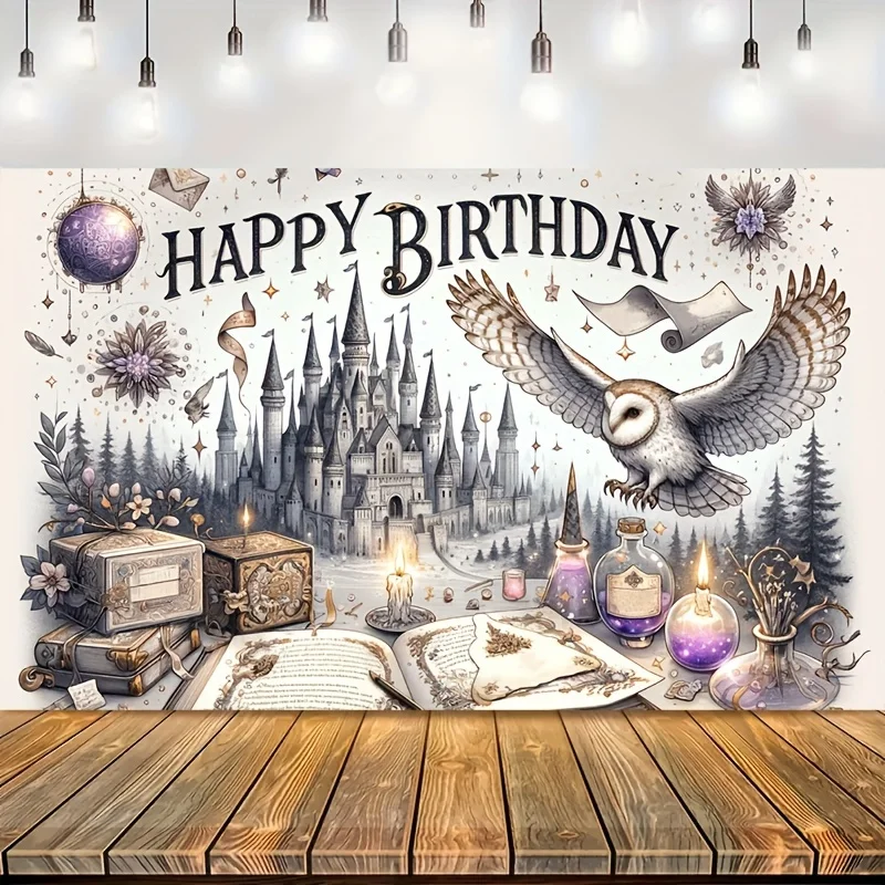 Hintergrundbanner „Magic Castle and Owl Happy Birthday“ – Partydekorationen mit Fantasy-Motiv – Detail 4