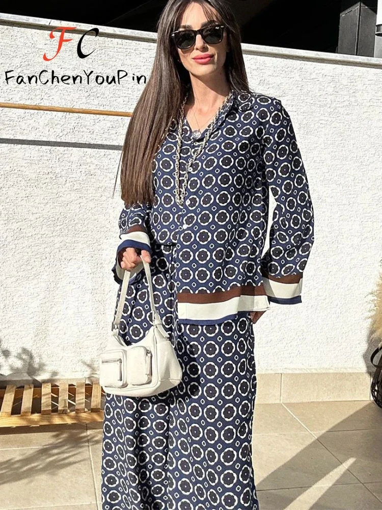 Nuovo Set da donna moda Casual stampa elegante camicia a maniche lunghe pantaloni larghi a vita alta a gamba larga pigro 2 pezzi Set donna