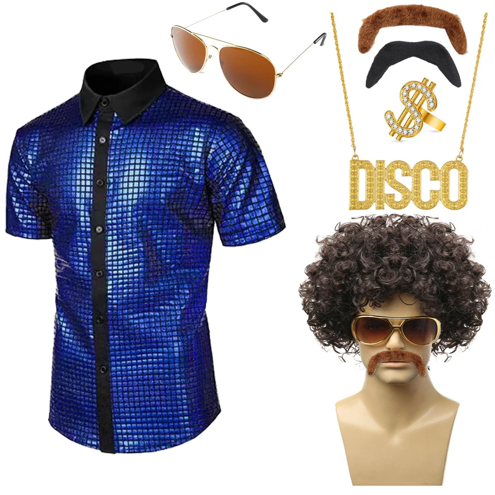 

7Pcs 70S Disco Costume Club Sequin Shirt 60S 80S 90S Boys Men Halloween Party Match for Kids Gold Necklace Funky Sunglasses