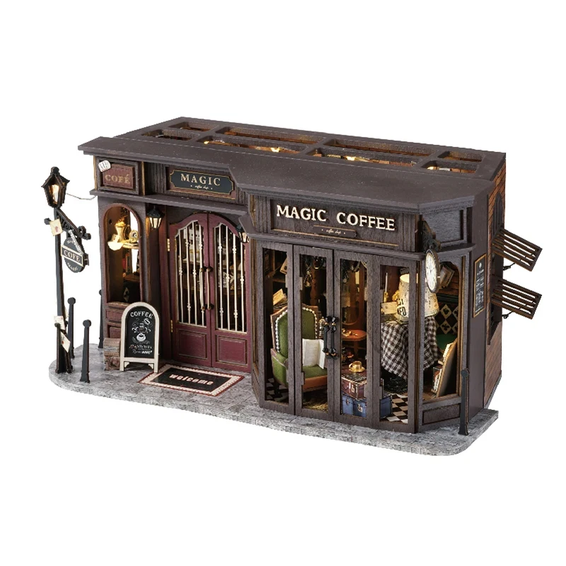 

OUZEY Wooden Vintage Magic Coffee Shop Dollhouse Miniature Model Kit with Furniture DIY Craft for Friends Birthday Gift