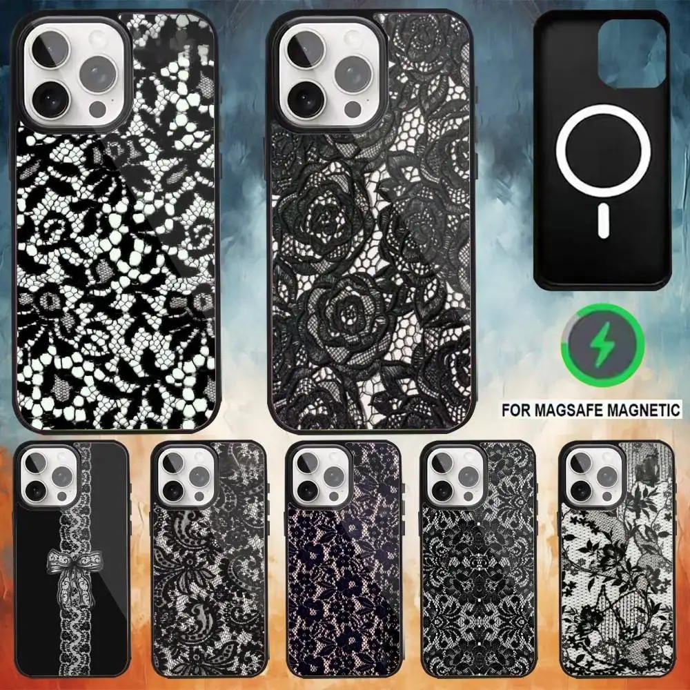 

Black lace print Phone Case For iPhone17,16,15,14,13,12,11 Plus,Pro Max Magnetic Magsafe Wireless Charging