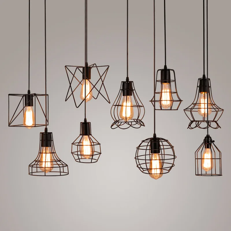 

American Rustic Cord Pendant Lights Kitchen Island Light Retro Iron Cage Lampshade Warehouse Hanging Lamp Home Lighting Fixtures