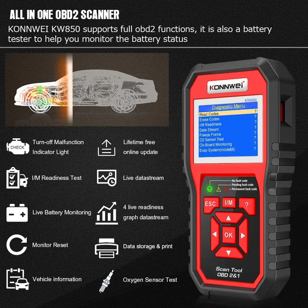 جهاز اختبار شاحن بطارية السيارة ، ماسح OBD2 ، KW510 ، KW850
