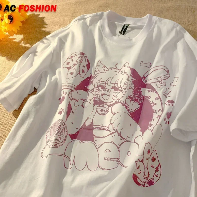 

Anime Oversized T-shirt Men Korean Cartoon Second Element Girl Print Short-sleeved Tee Shirt Women Clothes Y2K Top