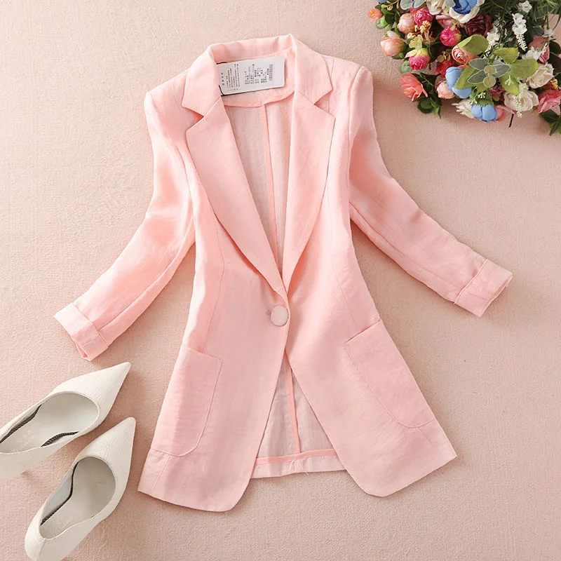 Women\'s Cotton Linen Blazers New Summer Clothes Slim Single Button 3/4 Sleeves Thin Suit Coat Female Outerwear Casual Tops 3XL