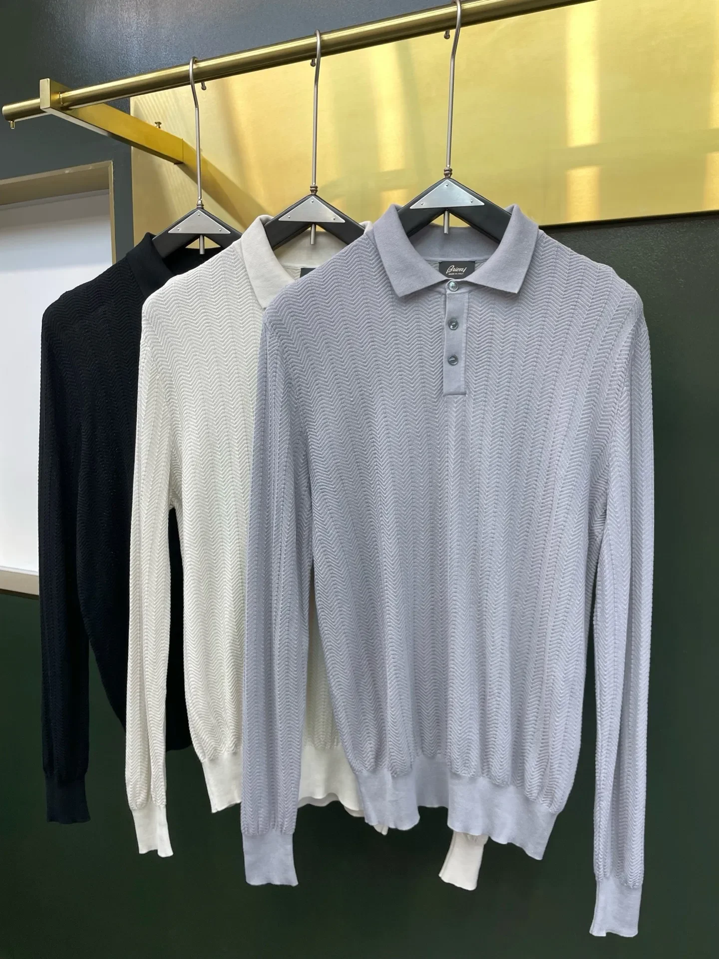 Bri Italian Mulberry Silk Blended Jacquard Textured Lapel Long Sleeve Polo Shirt
